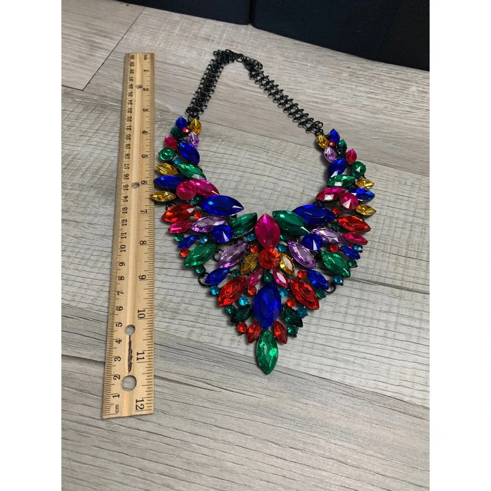 Multicolor Rhinestone Statement Bib Necklace Black Metal‎ Crystal Jewel Collar